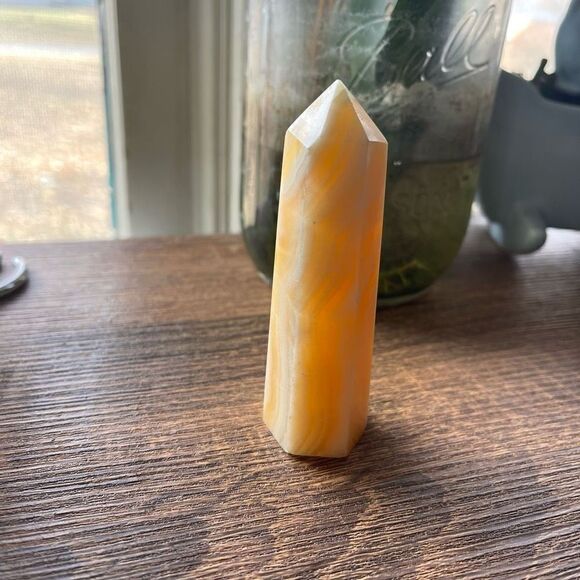 Orange Calcite tower small banding standing point polished decor natural - Picture 3 of 7
